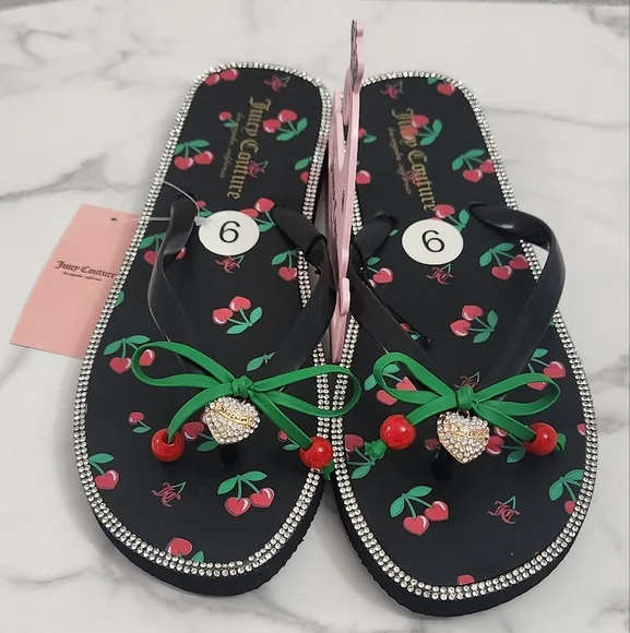 Juicy Couture Cherry Flip Flops with Rhinestone Trim  Size 9 (38/39) - Picture 13 of 14